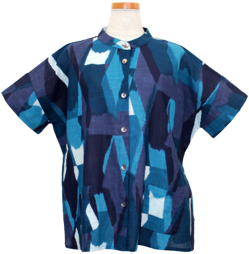 Short Sleeve Button Front Top - Diamond Print - Navy