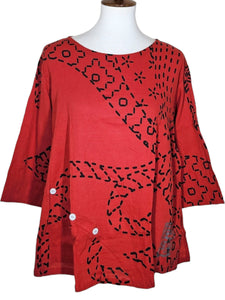 Button Top - Sashiko Print - Red