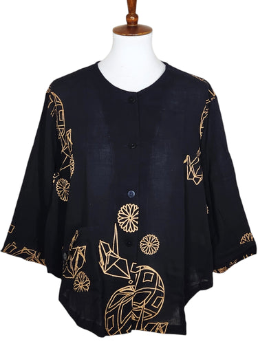 Cardigan Jacket - Tsuru Temari Print - Black/Gold