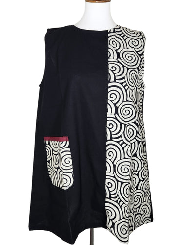 Sleeveless Panel Tunic - Solid/Swirls Print - Black