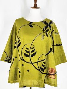 Button Top - Flower Circle Print - Olive