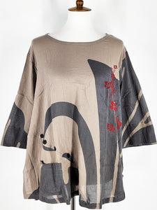 Button Top - Big Butterfly Print - Grey