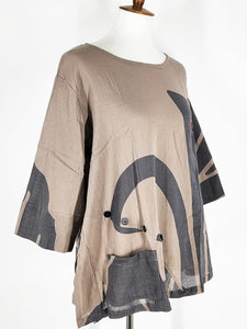 Button Top - Big Butterfly Print - Grey