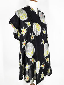 Pintuck Long Tunic - Tsubaki Print - Black