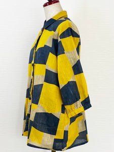 Cuff Sleeve Jacket - Color Block Print - Mustard