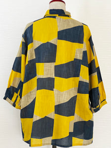 Cuff Sleeve Jacket - Color Block Print - Mustard