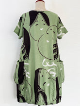 Balloon Dress - Big Okame Print - Light Green