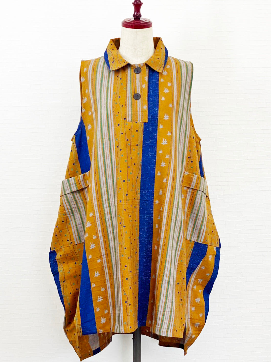 Sleeveless Bubble Tunic - Multi Textile Stripe Print - Mustard