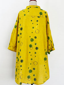 Hi-Low Collared Pullover - Aqua Bubbles Print - Mustard