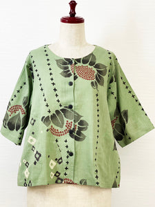 Crop Jacket - Lotus Flower Print - Light Green