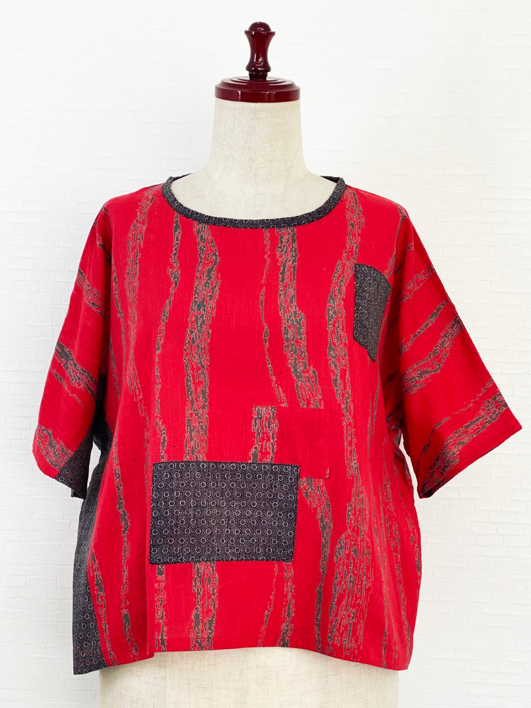 Panel Crop Top - Stream Print w/ Textile Patch - Red