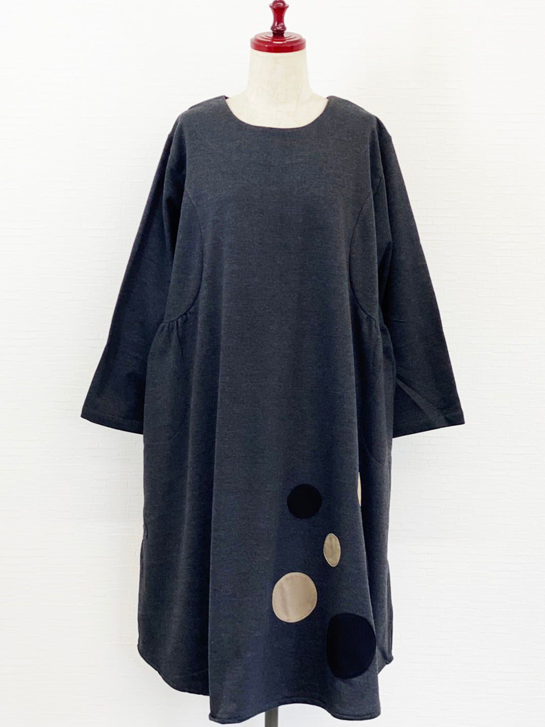 Tuck Dress - Fleece - Solid with Circle Patches - Charcoal