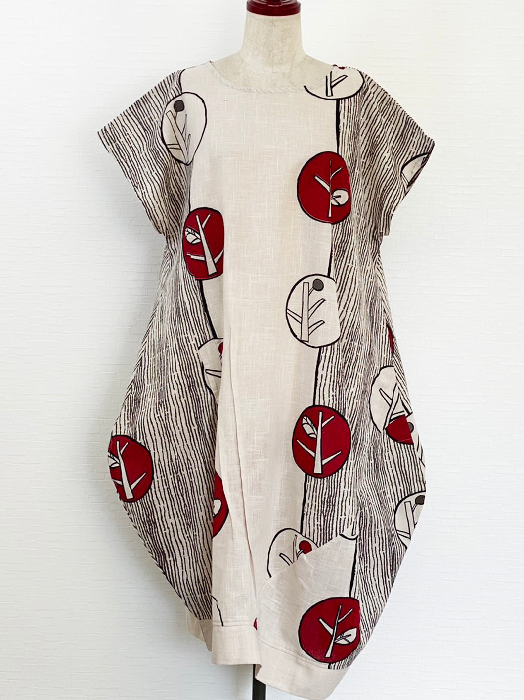 Asym Tuck Dress - Bare Tree Bubble Print - Light Grey