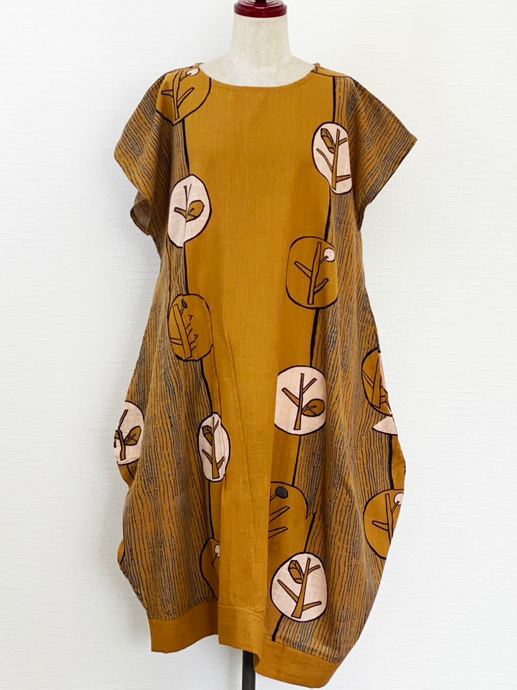 Asym Tuck Dress - Bare Tree Bubble Print - Mustard