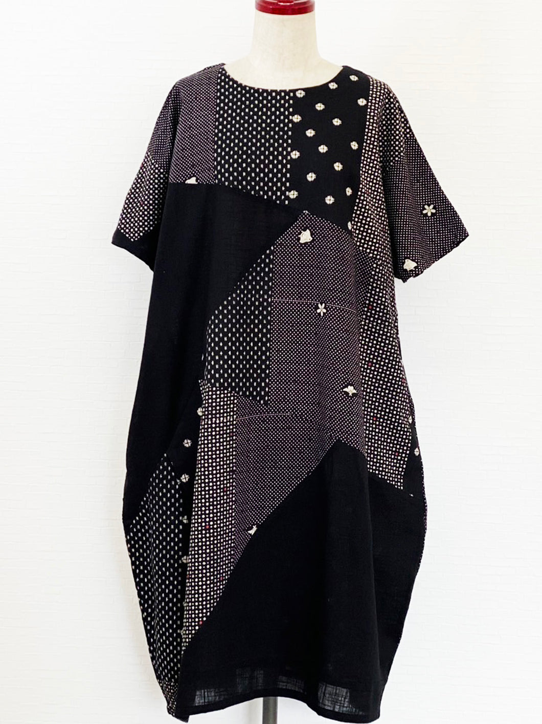 Panel Dress - Multi Dot Patchwork Print - Black