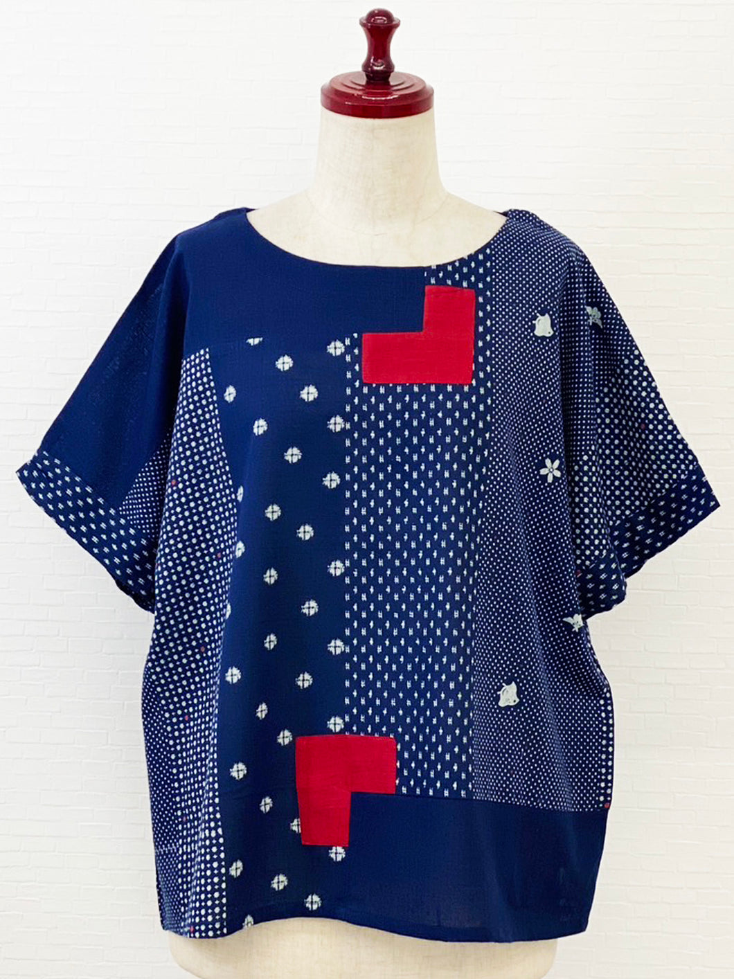 Crop Top - Multi Dot Patchwork Print - Dark Blue