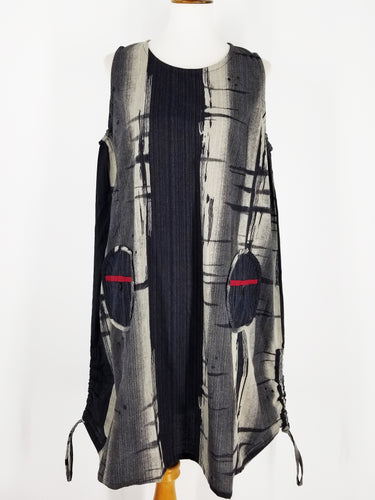 Circle Pocket Drawstring Dress - Kasuri Panel Print - Black