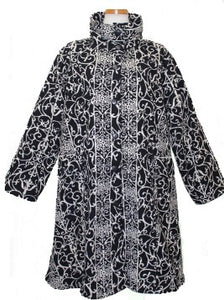 Cowl Neck Coat - Fleece Lined - Vintage Print - Black