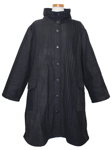 Cowl Neck Coat - Fleece Lined - Checker Print - Black