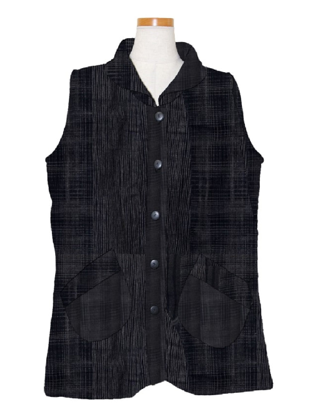 Collared Vest - Fleece Lined - Checker Print - Black