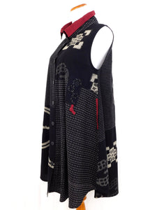 Stand Collar Long Vest - Kasuri Patch - Black