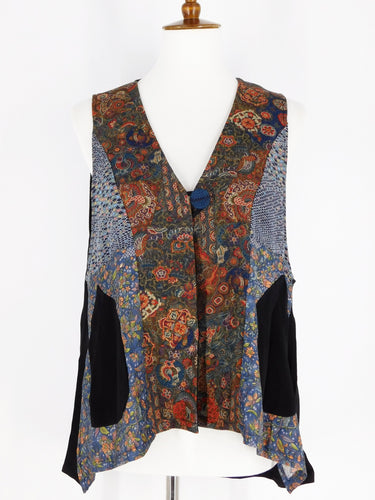 One-Of-A-Kind Assorted Kimono Silk Vest - Black/Blue - S/M - A