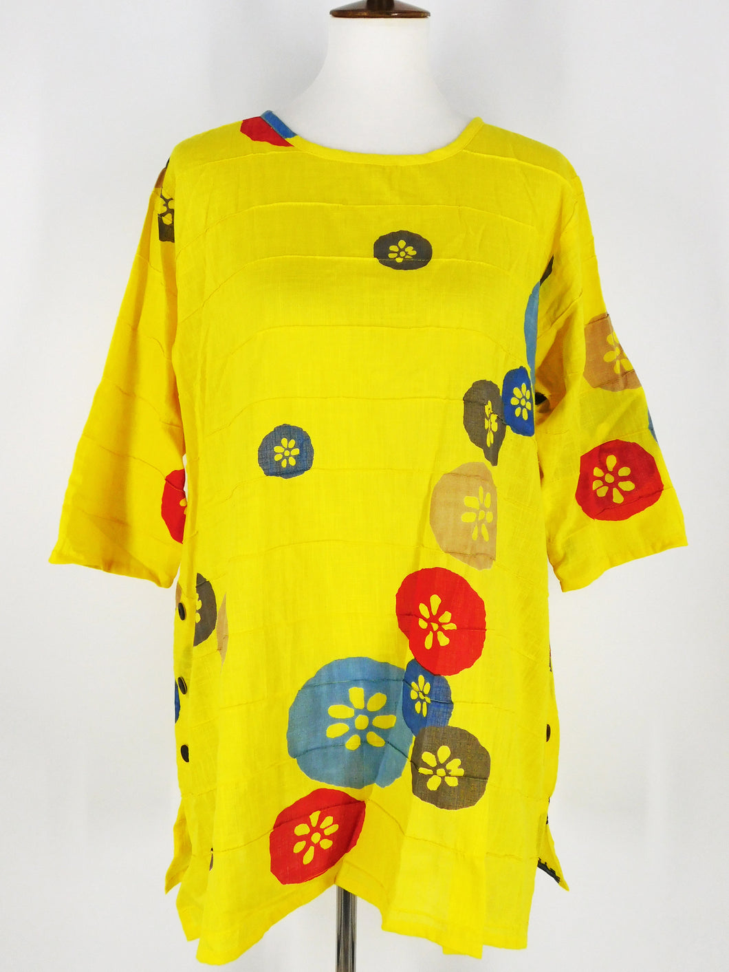 Button Pintuck Tunic - Lotus Print - Mustard